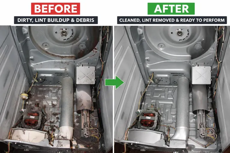 Before-and-after view of lint removed from a dryer cabinet